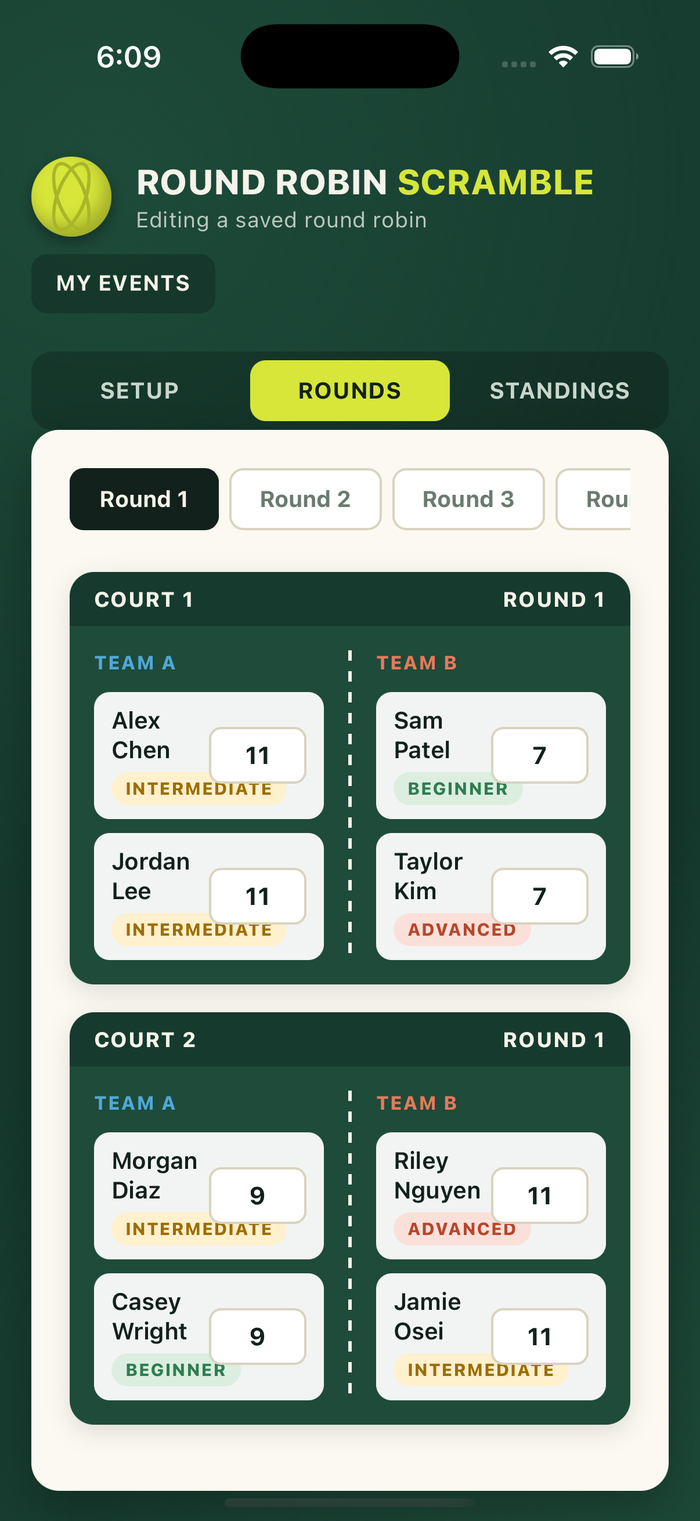 Round view showing court pairings and scores