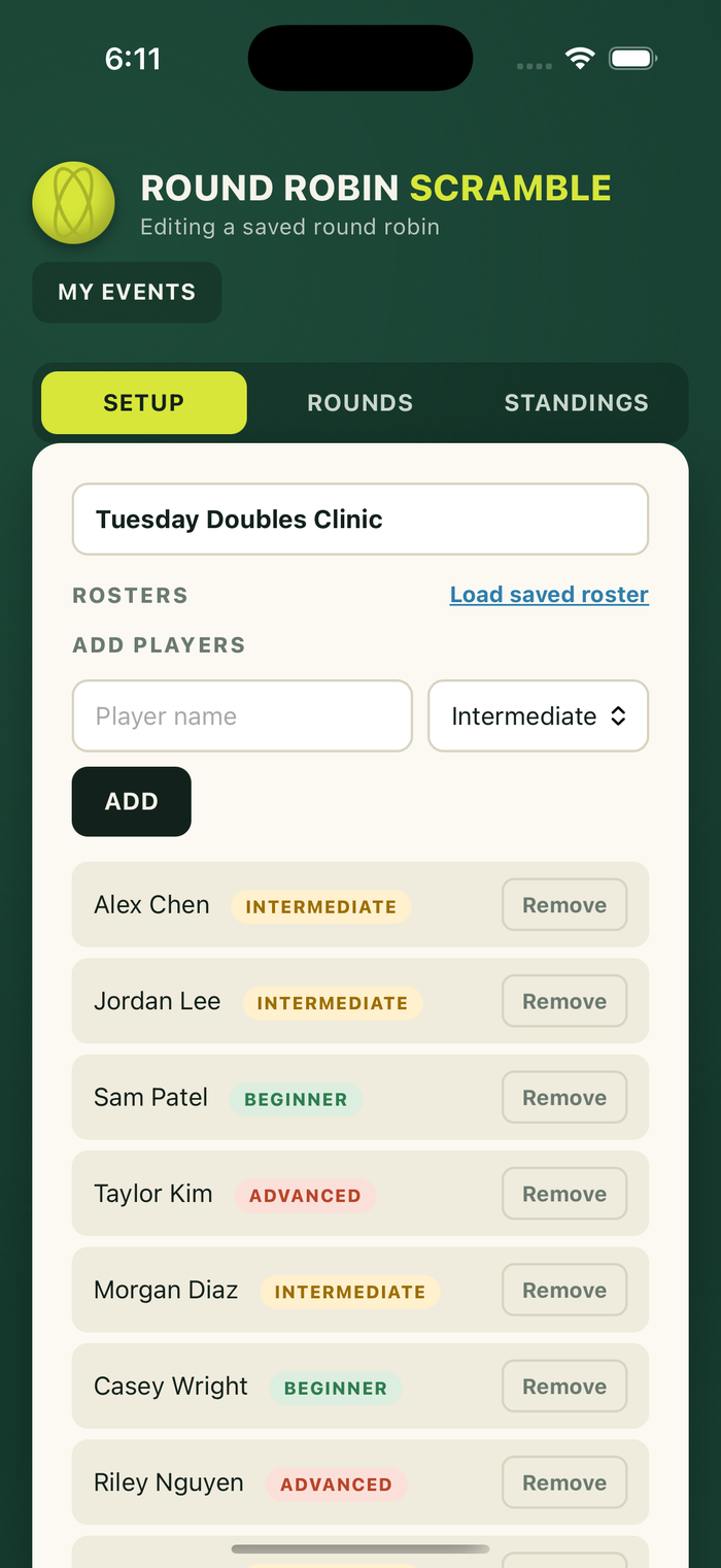 Setup screen with player roster and skill levels
